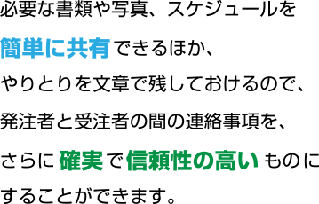 必要な書類や写真、スケジュールを簡単に共有できるほか、やりとりを文章で残しておけるので、発注者と受注者の間の連絡事項を、さらに確実で信頼性の高いものにすることができます。